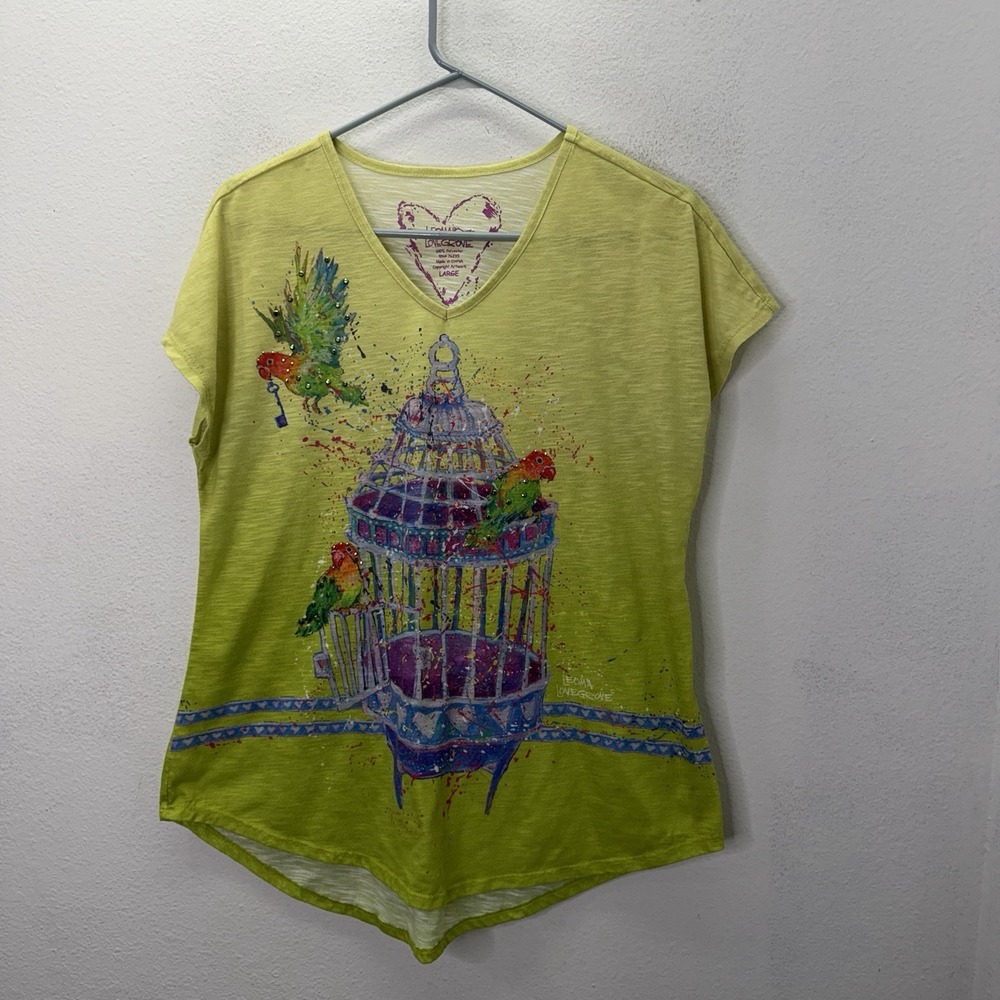 Leoma Lovegrove Artsy Watercolor Parakeet Bird Print Top Art To Wear Asymmetric